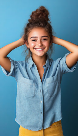 Joyful girl with a bun hairstyle in a light shirt, smiling against a trendy teal background.の素材