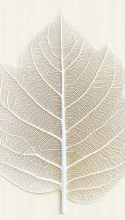 Delicate White Leaf Art on Soft Beige Canvas, Showcasing Intricate Venation and Organic Designの素材