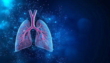 Stunning Glowing Human Lungs Illustration on Dark Blue Background with Soft Light Scatter Effectの素材