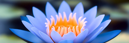 Tranquil Summer Pond Scene Featuring Elegant Pastel Blue and Orange Lotus Flower Close-Up Beautyの素材