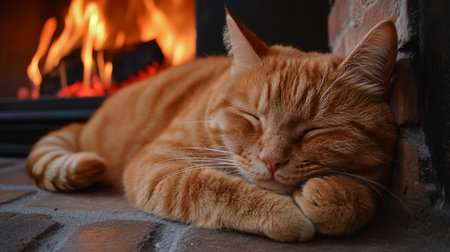 Golden Hour Glimmer Cozy Orange Tabby Cat Nestled by the Fireplace, Embracing Warmth and Serenity.の素材