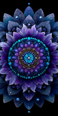 Intricate Mandala Art in Vibrant Shades of Indigo and Amethyst, Abstract Floral Design on Blackの素材