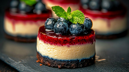 Indulge in Exquisite Mini Cheesecakes with Fresh Berry Toppings and Herbal Garnishes for Eleganceの素材
