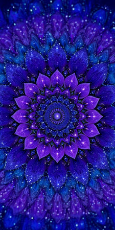 Intricate Mandala Art with Floral Patterns and Cosmic Elements in Vibrant Blue and Purple Huesの素材
