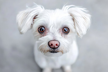 Adorable Bichon Frise Portrait with Cute Canine Eyes Staring, Fluffy White Breed on Gray Backdropの素材