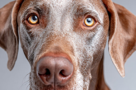 Stunning Close-Up Portrait of a Doberman Pinscher with Expressive Eyes on a Clean Gray Backgroundの素材