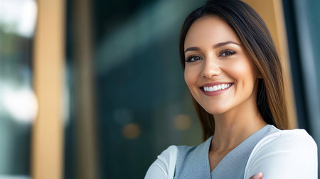 Successful Businesswoman Smiling with Arms Crossed in Modern Workspace Near Window, Finance Conceptの素材