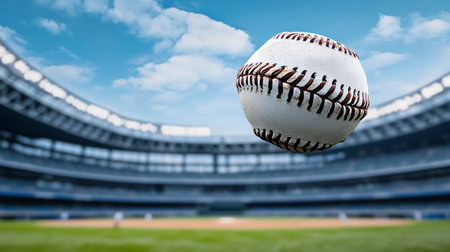 A Stunning Eye-Level View of a Baseball Soaring Through the Air with a Blurred Stadium Backgroundの素材