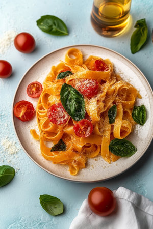 Delicious Tagliatelle Pasta with Red Tomato Sauce, Cherry Tomatoes, Fresh Basil, and Cheese Garnishの素材