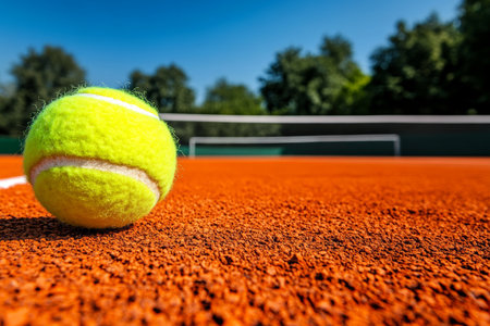 Tennis Ball on Vibrant Orange Court Surface, Capturing the Essence of Outdoor Sport and Competitionの素材