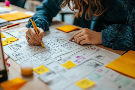 Woman sketching UX UI layouts during a creative design brainstorm session for engaging interfaces.の素材