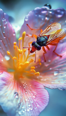 Delicate Insect Interacting with Vibrant Flower, Collecting Pollen with Dew Drops Glimmeringの素材