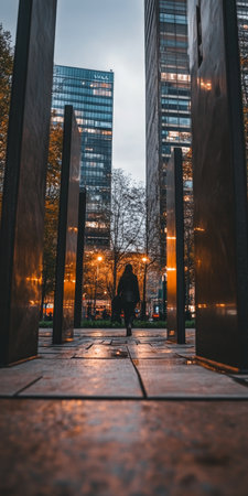 Urban Passage Under Dark Sky with Skyscrapers, Pathway Forward, Architecture and Determinationの素材