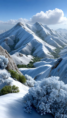 Stunning winter mountain scenery with snow-clad hills and panoramic views, perfect for adventures.の素材