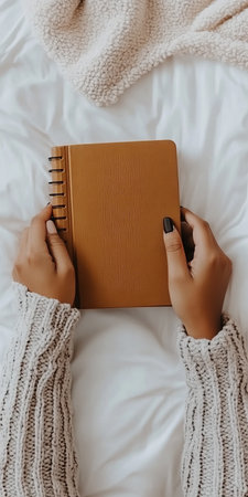 Overhead Shot of Hands Presenting a Spiral-Bound Book on Crinkled White Bedding, Autumn Vibesの素材
