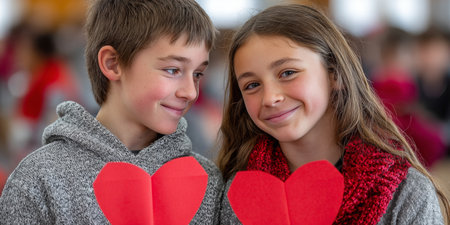 Young Classmates Joyfully Celebrate Valentine s Day by Exchanging Handmade Heart Cards Togetherの素材