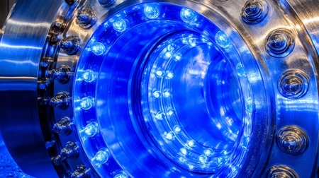 Futuristic High-Tech Mechanism with Shiny Metal Fixtures and Circular Design Under Violet Lightの素材