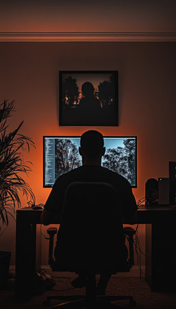 Focused Entrepreneur Strategizing in Home Office at Dusk with Dim Lighting and Creative Ambianceの素材