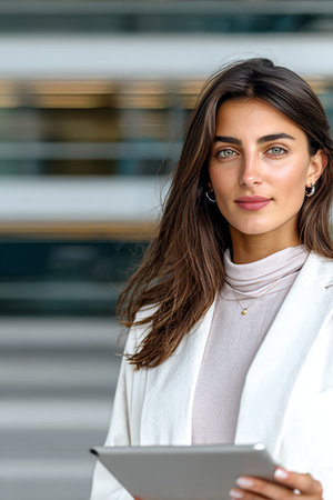 Confident businesswoman holding a tablet in front of a modern office building, showcasing leadershipの素材