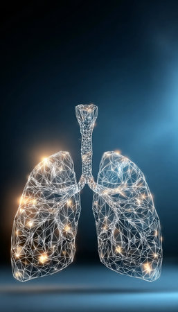 Low Poly Style Illustration of Human Lungs with Glowing Polygonal Mesh on Dark Backgroundの素材