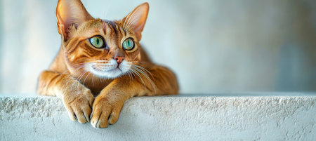 Charming Havana Brown Cat with Striking Emerald Eyes Relaxing Against a Soft Light Backgroundの素材