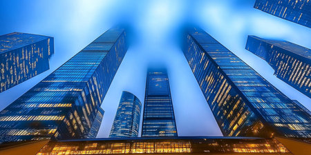 Low-Angle View of Modern Skyscrapers Illuminating the Night Sky, Urban Architecture Conceptsの素材