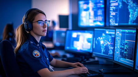 Cybersecurity Administrator Monitors Network Security Alerts in High-Tech Command Center Environmentの素材