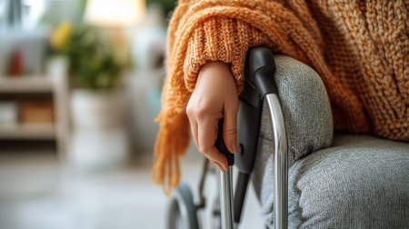 Close up of a female hand gripping a wheelchair armrest at home, showing comfort and ease.の素材
