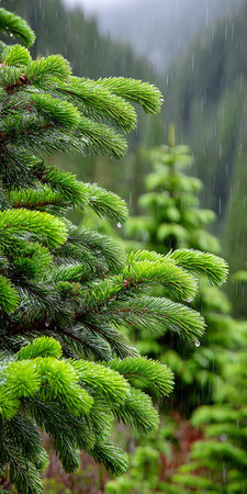 A Serene Winter Landscape Snowflakes Gently Falling on Evergreen Trees in a Majestic Forest Sceneの素材