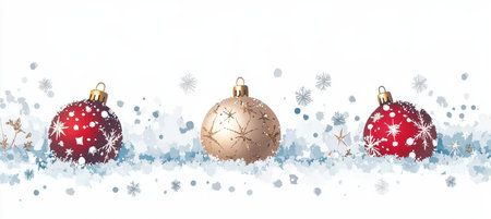 Dreamy Vintage Festive Border with Colorful Christmas Baubles and Snowflakes in a Holiday Backgroundの素材