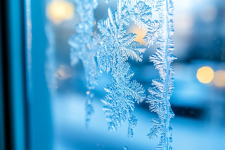 Stunning Winter Wonderland Intricate Ice Crystals Form Beautiful Patterns on Frosted Window Glassの素材