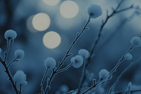 Winter Dream A Serene Vista with Bokeh Bliss, Soft White Buds Twinkling in a Snowy Landscapeの素材
