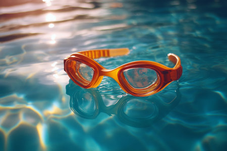 Vibrant Sunlit Orange Swimming Goggles Gracefully Floating in a Sparkling Blue Pool Water Sceneの素材