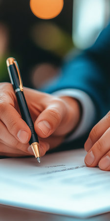 Close Up of a Man in a Blue Suit Signing a Contract with a Nice Pen, Personal Information on Paperの素材