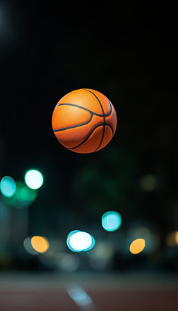 Dynamic Mid-Air Capture of an Orange Basketball Surrounded by Vibrant Bokeh Lights on Outdoor Courtの素材