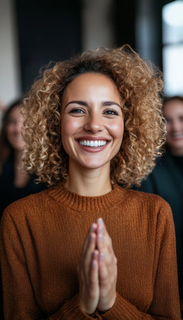Cheerful woman applauds enthusiastically, surrounded by an engaged audience at a lively conference.の素材