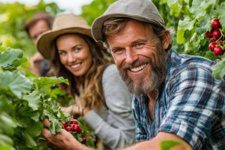 Cheerful rural worker checking red currant harvest with friends in a beautiful countryside settingの素材