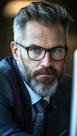 Focused Senior Executive Analyzing Data in a Suit While Wearing Eyeglasses at Corporate Workspaceの素材