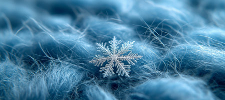 Delicate Snowflake Resting Gracefully on a Textured Blue Knit Surface During a Cold Winter Seasonの素材