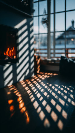 Cozy Winter Scene with Dancing Flames in Stone Fireplace and Snowy View from the Windowの素材