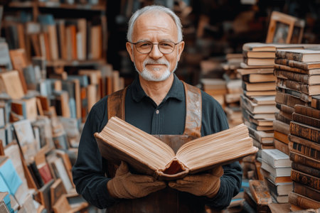 Elderly Business Owner in Vintage Bookshop Surrounded by Antique Books and Artifacts, Nostalgic Vibeの素材