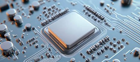 Silver Microchip Circuitry on Light Blue Background, Showcasing Advanced Technology and Innovationの素材
