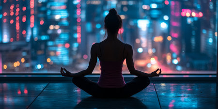 Serene Woman Meditating in Front of Bright City Lights Embracing Wellness and Inner Peace at Nightの素材