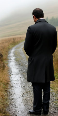 Pensive Figure in Brooding Overcoat Stands at Foggy Crossroads, Contemplating the Journey Aheadの素材