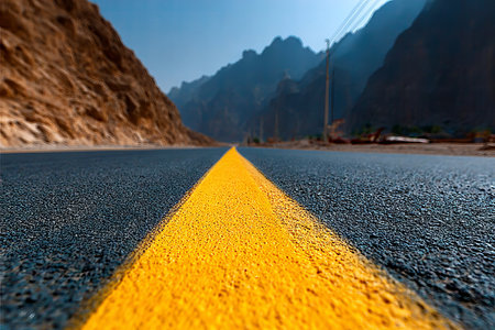 Breathtaking View of Majestic Desert Mountains Along a Scenic Asphalt Road with Yellow Lines Aheadの素材
