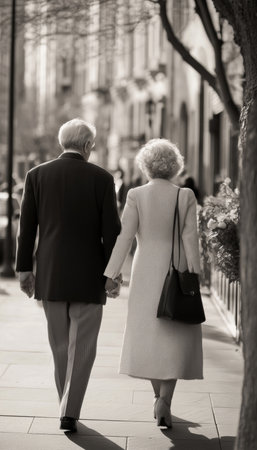 Joyful Elderly Couple Holding Hands While Taking a Relaxing Stroll Around the City Togetherの素材