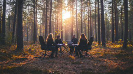 Eco-Conscious Collaborative Office Remote Team Meeting in a Lush Autumn Forest, Nature s Embraceの素材