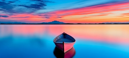 Serene Twilight Scenery with Pink and Blue Skies Reflecting in a Calm Lake and Fishing Boat at Duskの素材