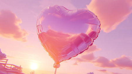 Heart-Shaped Balloon Rising Gracefully into a Beautiful Pastel Sky, Celebrating Love and Serenityの素材