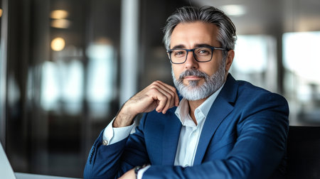 Confident Senior Male Professional Working Online at Visual Innovative Enterprise in Modern Officeの素材